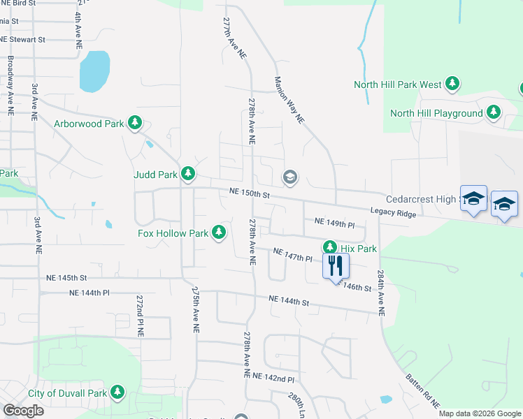 map of restaurants, bars, coffee shops, grocery stores, and more near 27817 Northeast 151st Street in Duvall