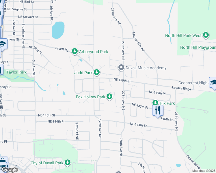 map of restaurants, bars, coffee shops, grocery stores, and more near 14911 276th Place Northeast in Duvall