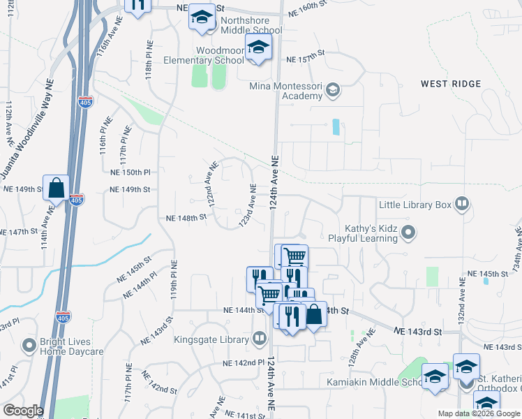 map of restaurants, bars, coffee shops, grocery stores, and more near 14901 123rd Avenue Northeast in Kirkland