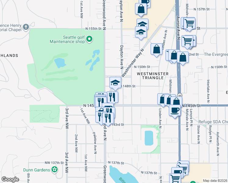 map of restaurants, bars, coffee shops, grocery stores, and more near 14598 Westminster Way North in Shoreline