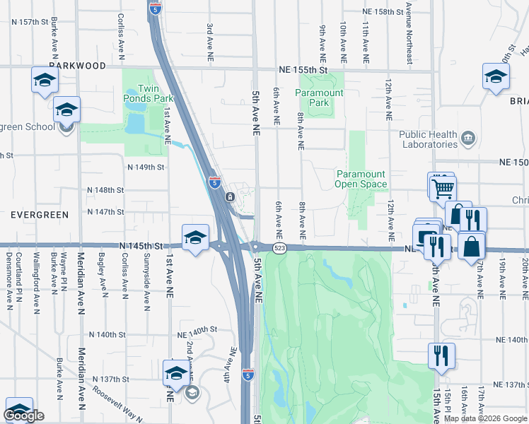 map of restaurants, bars, coffee shops, grocery stores, and more near 14552 5th Avenue Northeast in Shoreline