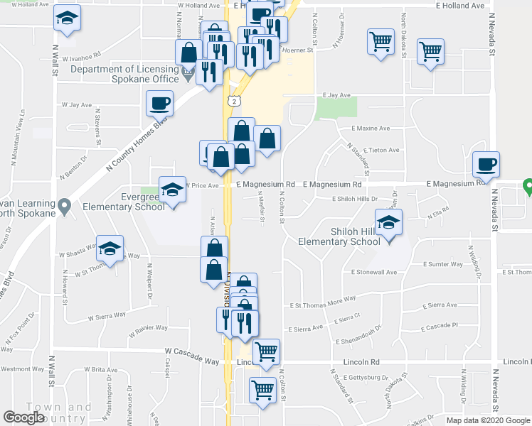 map of restaurants, bars, coffee shops, grocery stores, and more near 50 East Pineridge Court in Spokane