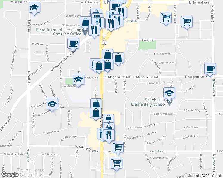 map of restaurants, bars, coffee shops, grocery stores, and more near 50 East Pineridge Court in Spokane