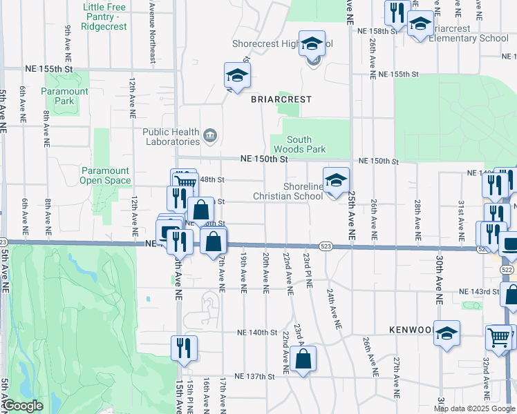 map of restaurants, bars, coffee shops, grocery stores, and more near 1734 Northeast 147th Street in Shoreline