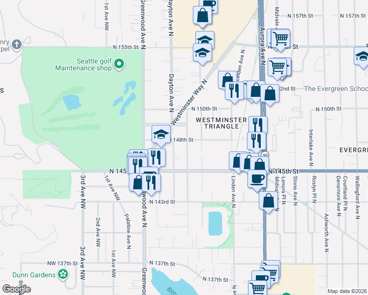 map of restaurants, bars, coffee shops, grocery stores, and more near 14547 Evanston Avenue North in Shoreline