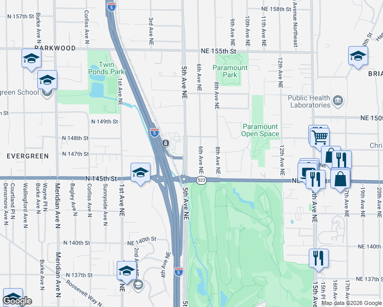 map of restaurants, bars, coffee shops, grocery stores, and more near 14552 5th Avenue Northeast in Shoreline