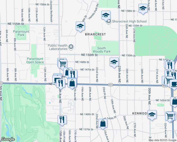 map of restaurants, bars, coffee shops, grocery stores, and more near 2004 Northeast 147th Street in Shoreline
