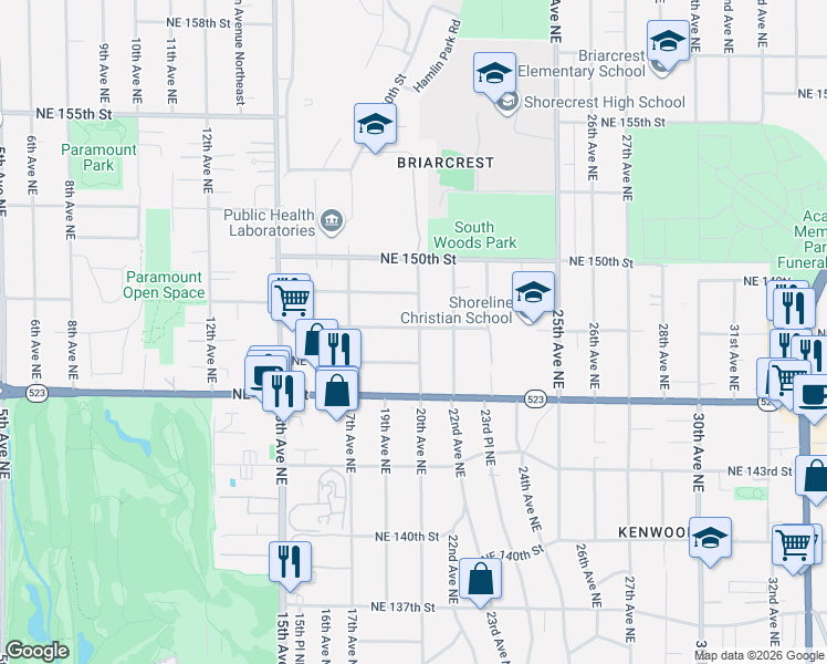 map of restaurants, bars, coffee shops, grocery stores, and more near 2004 Northeast 147th Street in Shoreline