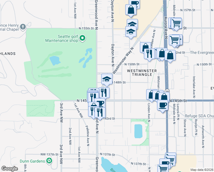 map of restaurants, bars, coffee shops, grocery stores, and more near 346A North 148th Street in Shoreline