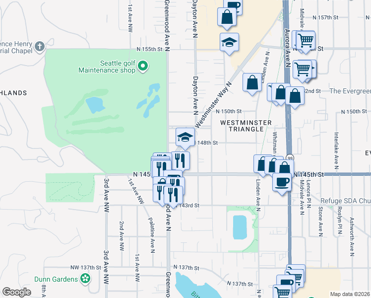 map of restaurants, bars, coffee shops, grocery stores, and more near 346A North 148th Street in Shoreline
