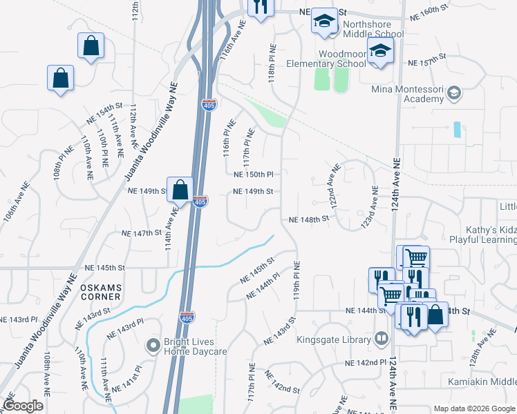 map of restaurants, bars, coffee shops, grocery stores, and more near 11713 Northeast 149th Street in Kirkland