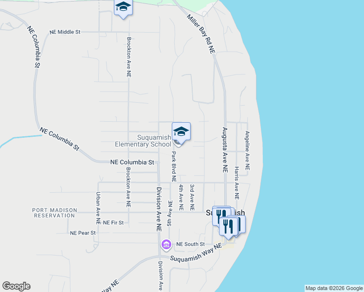 map of restaurants, bars, coffee shops, grocery stores, and more near 18950 Park Boulevard Northeast in Suquamish