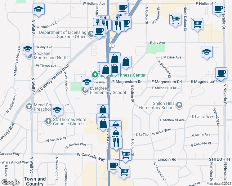 map of restaurants, bars, coffee shops, grocery stores, and more near 10 East Pineridge Court in Spokane