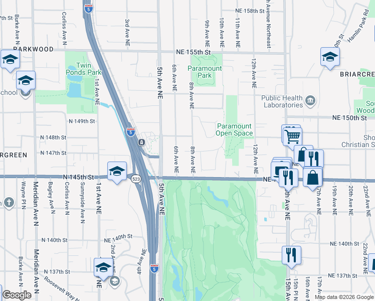 map of restaurants, bars, coffee shops, grocery stores, and more near 14555 8th Avenue Northeast in Shoreline