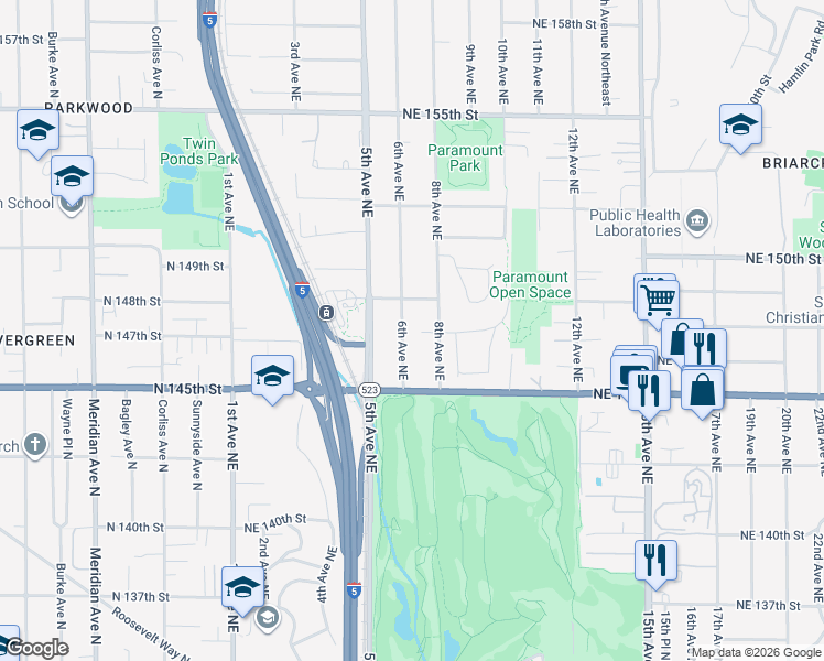 map of restaurants, bars, coffee shops, grocery stores, and more near 14566 6th Avenue Northeast in Shoreline