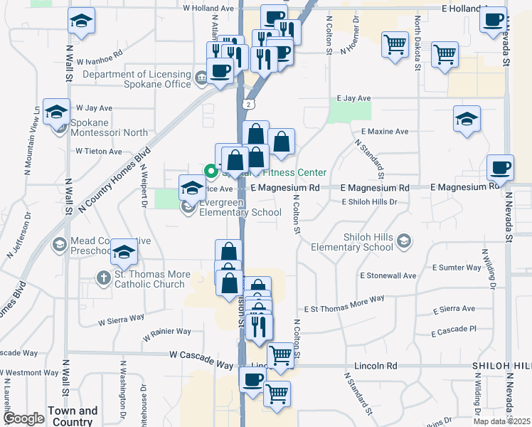 map of restaurants, bars, coffee shops, grocery stores, and more near 39 East Mayfair Court in Spokane
