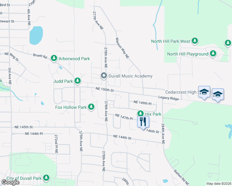 map of restaurants, bars, coffee shops, grocery stores, and more near 27927 Northeast 151st Street in Duvall