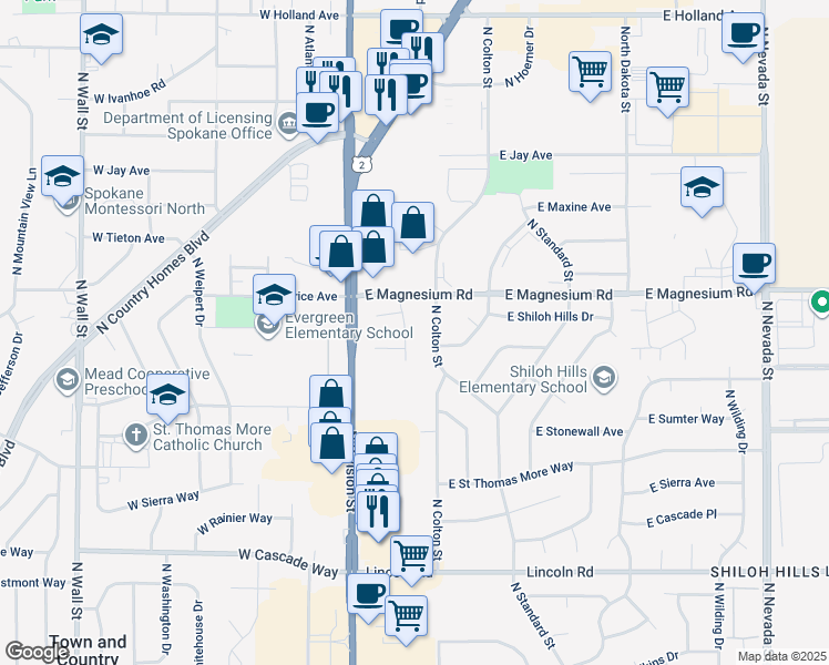 map of restaurants, bars, coffee shops, grocery stores, and more near 8506 North Mayfair Street in Spokane
