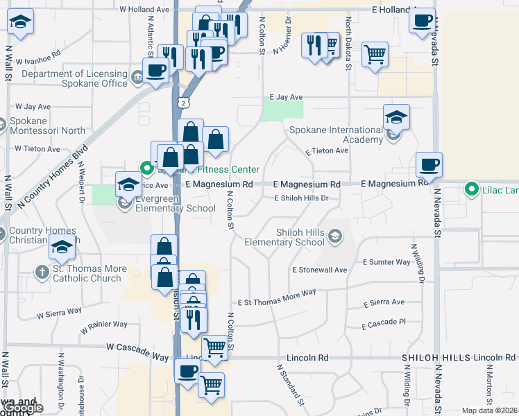 map of restaurants, bars, coffee shops, grocery stores, and more near 8613 North Hill N Dale Street in Spokane