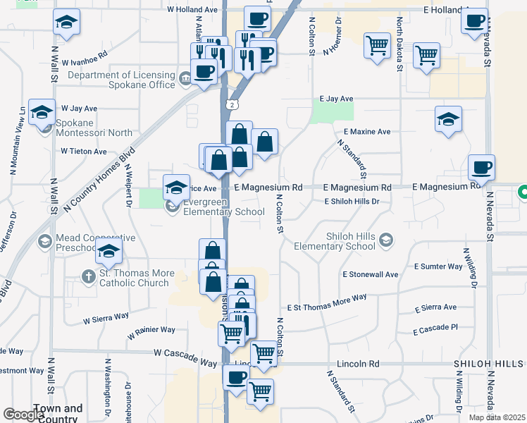 map of restaurants, bars, coffee shops, grocery stores, and more near 50 East Pineridge Court in Spokane