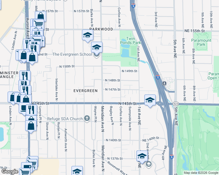 map of restaurants, bars, coffee shops, grocery stores, and more near 14718 Meridian Avenue North in Shoreline