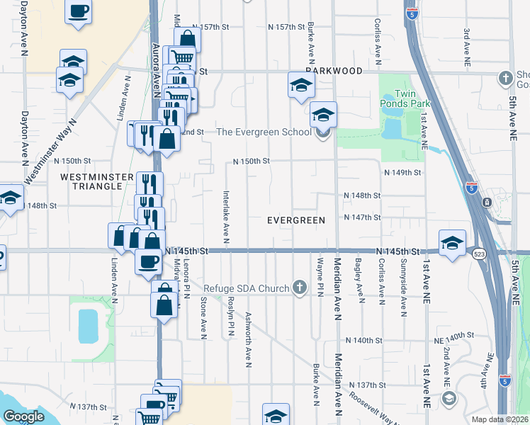 map of restaurants, bars, coffee shops, grocery stores, and more near 14805 Densmore Avenue North in Shoreline