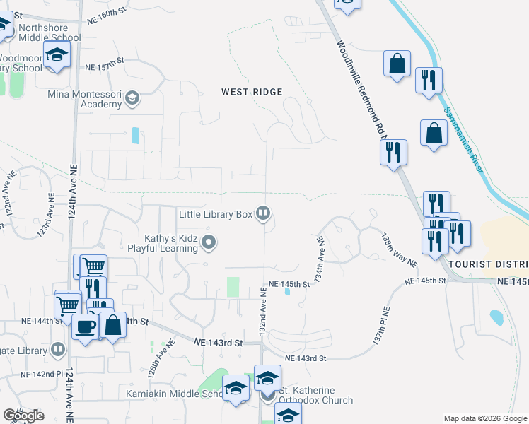 map of restaurants, bars, coffee shops, grocery stores, and more near 14802 Northeast 149th Street in Woodinville