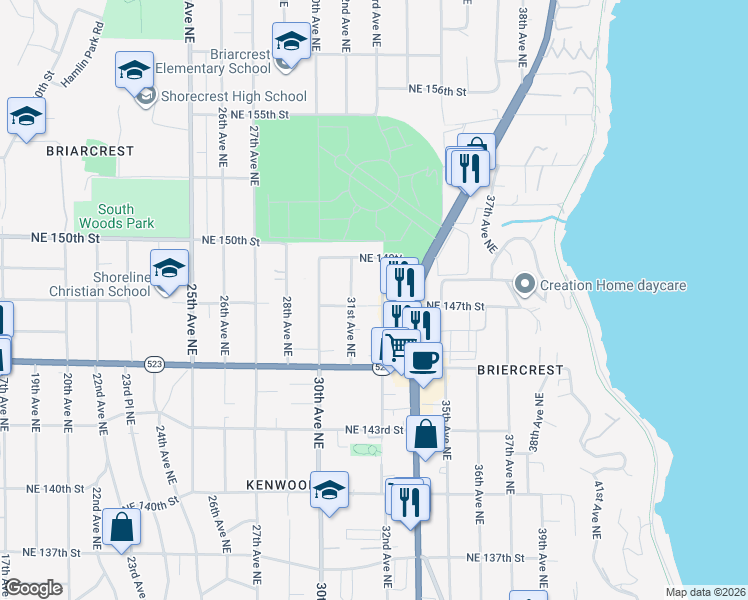 map of restaurants, bars, coffee shops, grocery stores, and more near 14710 32nd Avenue Northeast in Shoreline