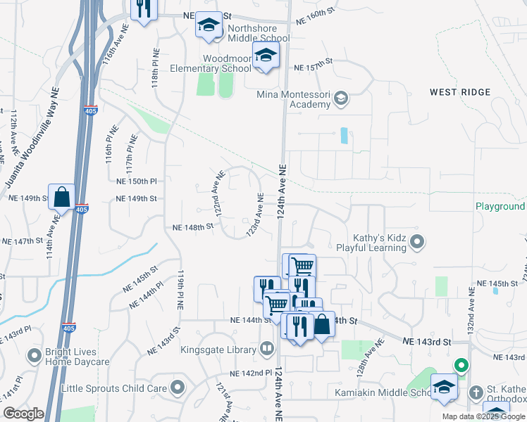 map of restaurants, bars, coffee shops, grocery stores, and more near 12301 Northeast 149th Street in Kirkland