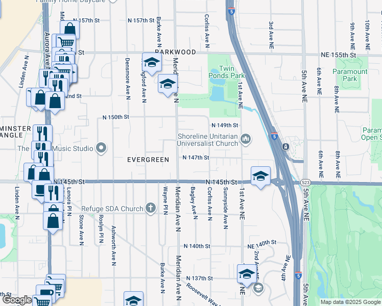 map of restaurants, bars, coffee shops, grocery stores, and more near 2126 North 147th Street in Shoreline
