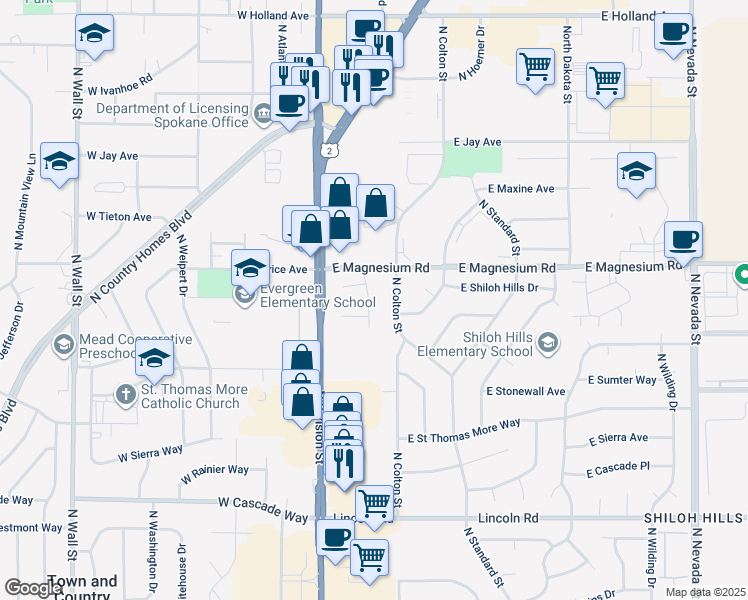 map of restaurants, bars, coffee shops, grocery stores, and more near 8516 North Mayfair Street in Spokane