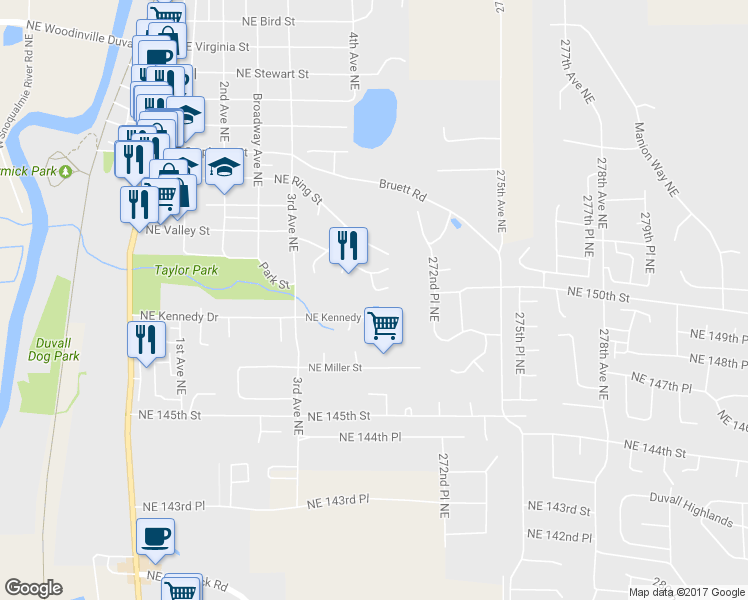 map of restaurants, bars, coffee shops, grocery stores, and more near 27020 Northeast Kennedy Drive in Duvall