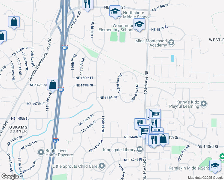 map of restaurants, bars, coffee shops, grocery stores, and more near Northeast 149th Street in King County