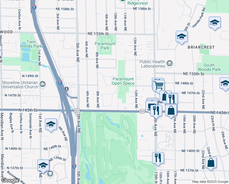 map of restaurants, bars, coffee shops, grocery stores, and more near 924 Northeast 147th Street in Shoreline
