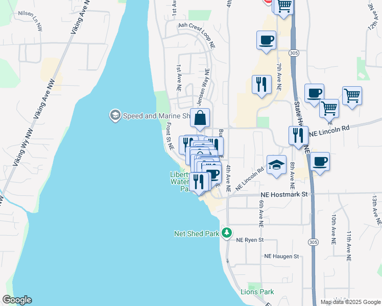 map of restaurants, bars, coffee shops, grocery stores, and more near 19065 Jensen Way Northeast in Poulsbo
