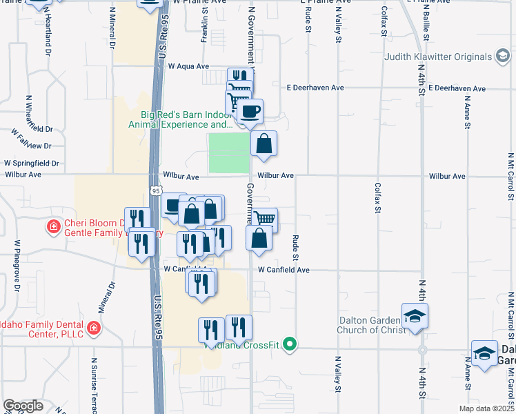 map of restaurants, bars, coffee shops, grocery stores, and more near 7040 North Government Way in Dalton Gardens