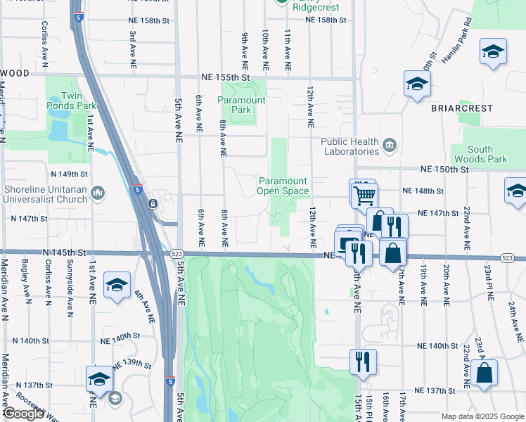 map of restaurants, bars, coffee shops, grocery stores, and more near 946 Northeast 147th Street in Shoreline