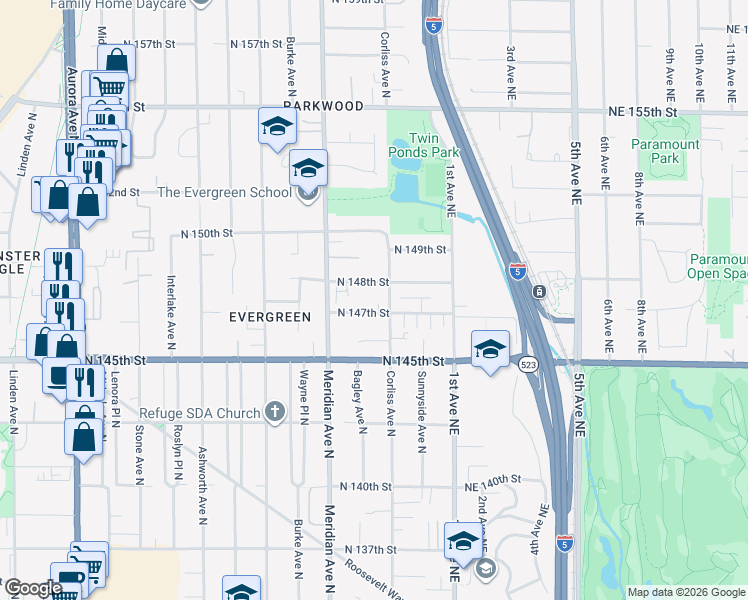 map of restaurants, bars, coffee shops, grocery stores, and more near 2139 North 148th Street in Shoreline