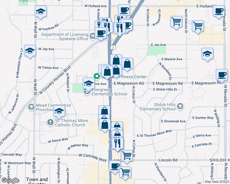 map of restaurants, bars, coffee shops, grocery stores, and more near 20 East Pineridge Court in Spokane