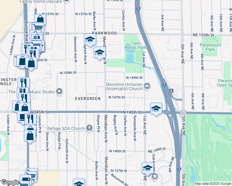 map of restaurants, bars, coffee shops, grocery stores, and more near 2126 North 147th Street in Shoreline