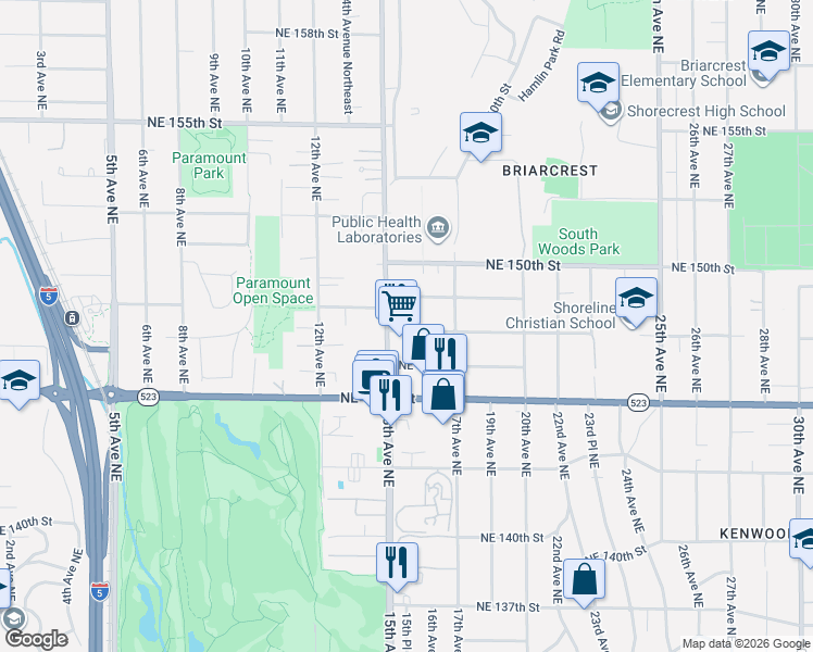 map of restaurants, bars, coffee shops, grocery stores, and more near 1516 Northeast 147th Street in Shoreline