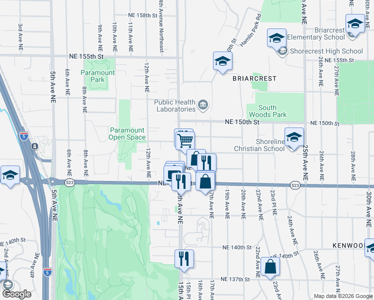 map of restaurants, bars, coffee shops, grocery stores, and more near 1508 Northeast 147th Street in Shoreline
