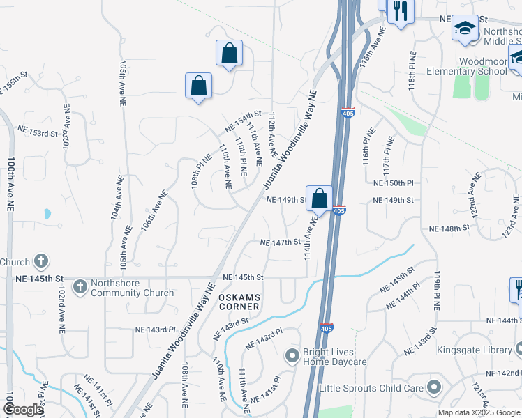 map of restaurants, bars, coffee shops, grocery stores, and more near 11012 Northeast 149th Street in Bothell