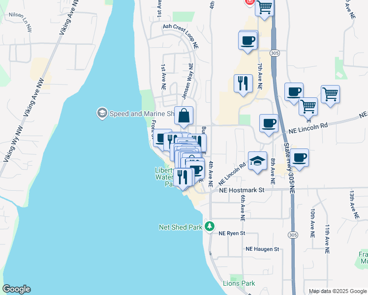 map of restaurants, bars, coffee shops, grocery stores, and more near in Poulsbo