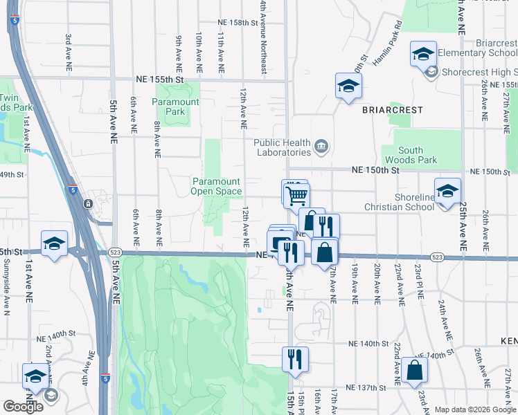 map of restaurants, bars, coffee shops, grocery stores, and more near 1219 Northeast 148th Street in Shoreline