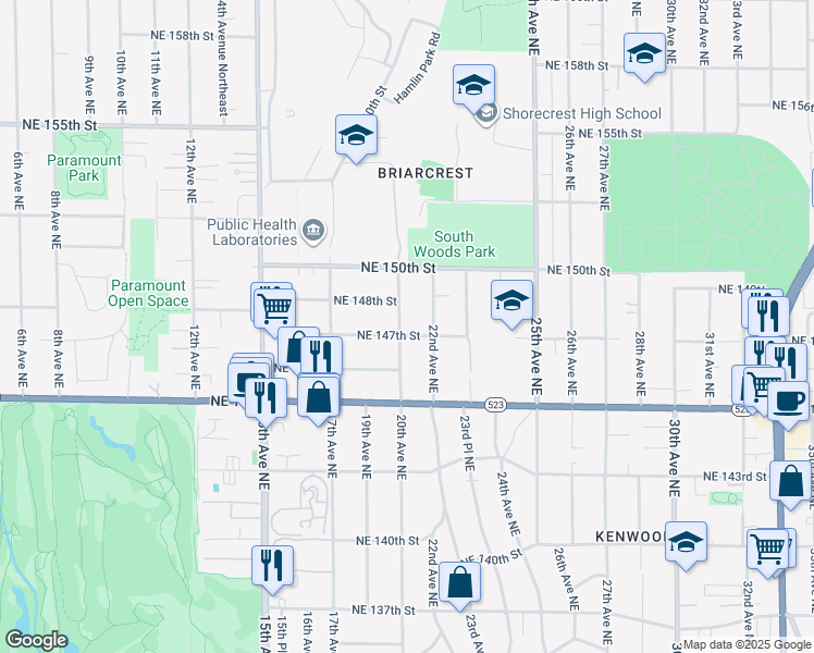 map of restaurants, bars, coffee shops, grocery stores, and more near 2004 Northeast 147th Street in Shoreline