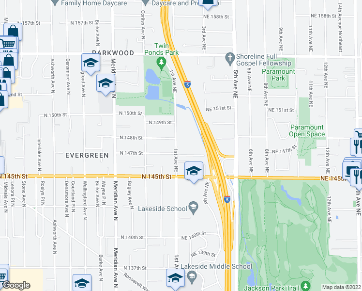 map of restaurants, bars, coffee shops, grocery stores, and more near 14724 1st Avenue Northeast in Shoreline