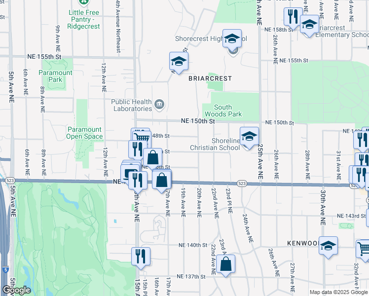 map of restaurants, bars, coffee shops, grocery stores, and more near 1734 Northeast 147th Street in Shoreline
