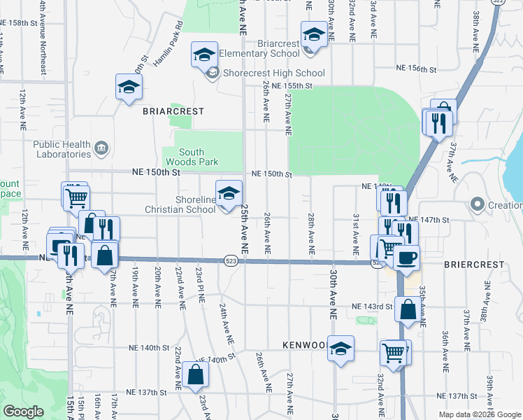 map of restaurants, bars, coffee shops, grocery stores, and more near 14709 26th Avenue Northeast in Shoreline