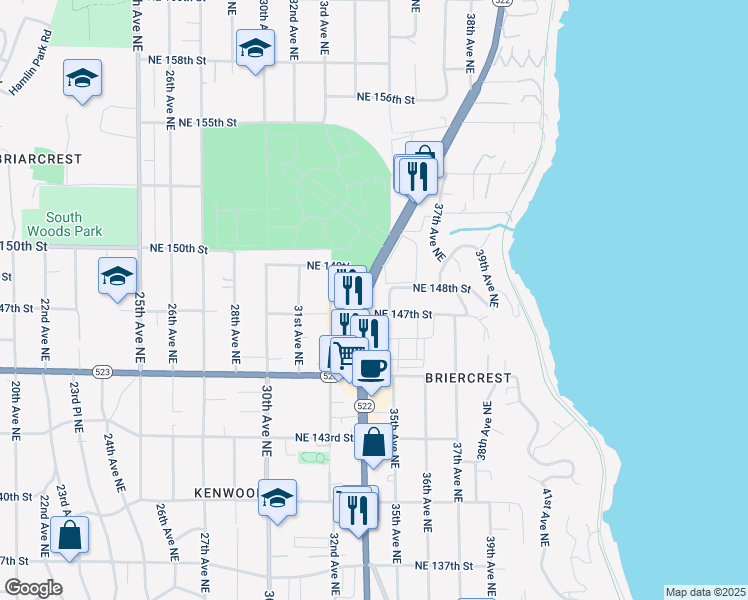 map of restaurants, bars, coffee shops, grocery stores, and more near 14712 Washington 522 in Lake Forest Park